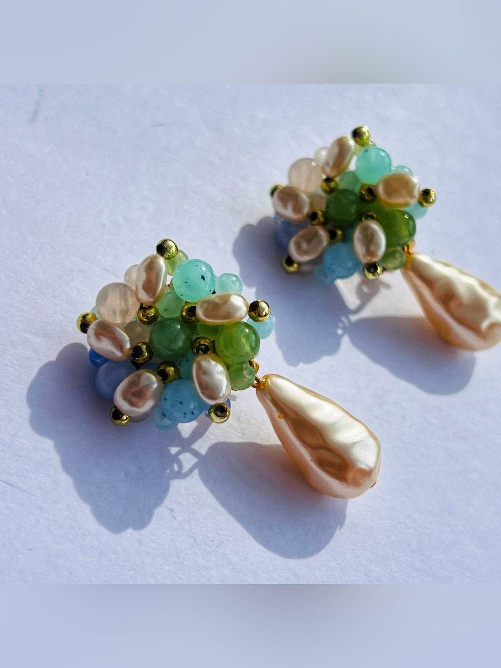 Vintage | Faux Pearl Cluster Drop Clip-On Earrings | Statement Jewelry | Gold